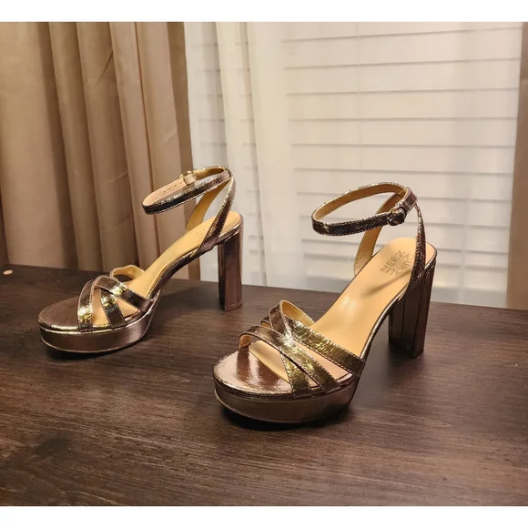 Naturalizer Cracked LEATHER Pumps Platform Dress Sandals 9.5 M Luna Bronze Gold - Picture 8 of 15